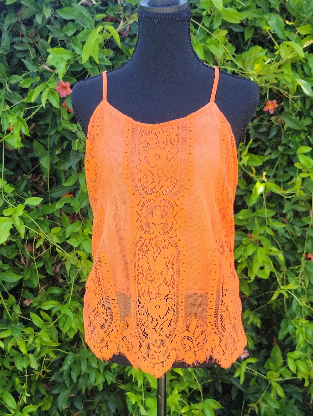 Women's Orange Lace Camisole Top - Lightweight Spaghetti Strap S